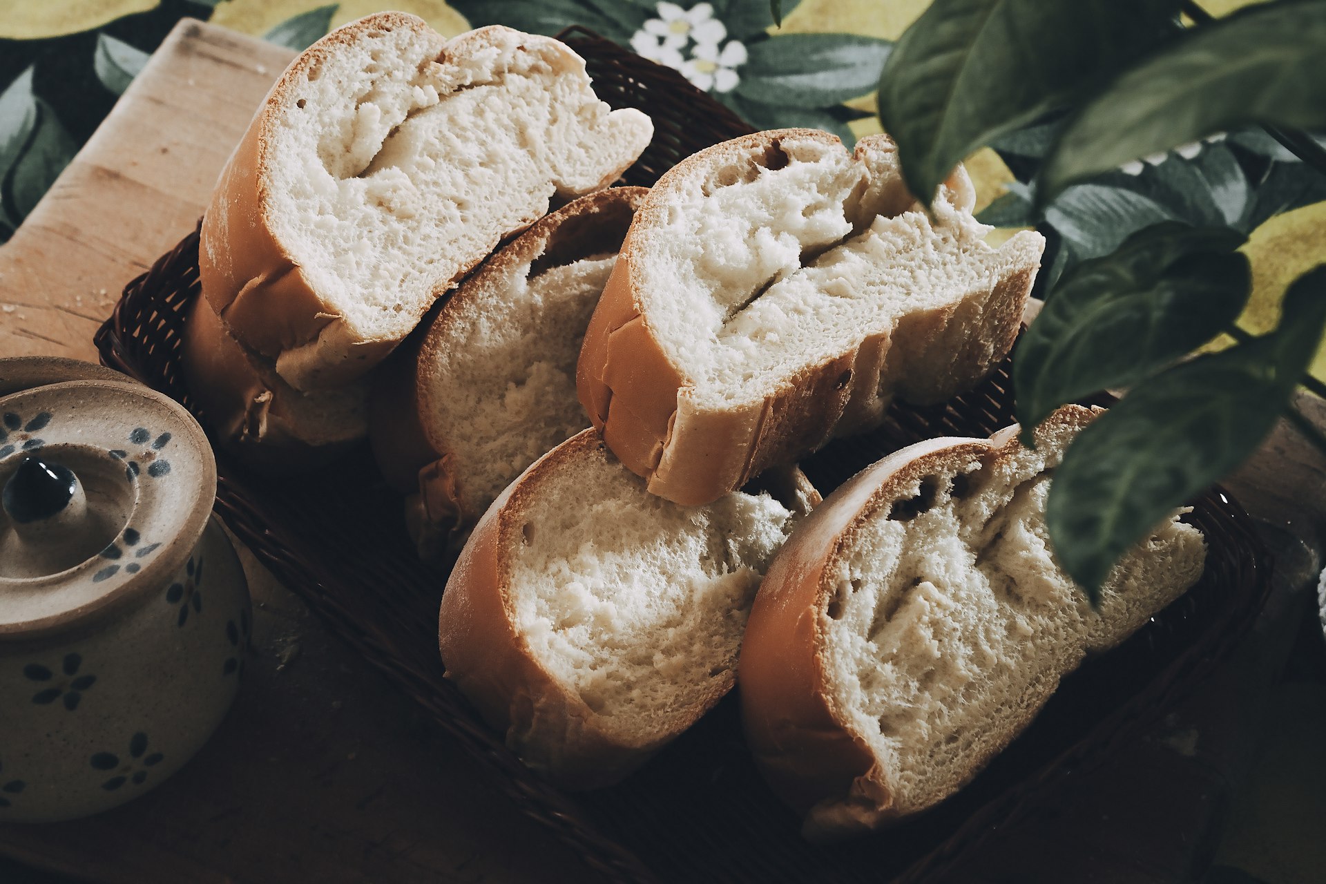 Freshly baked bread slices sit ready to be enjoyed.